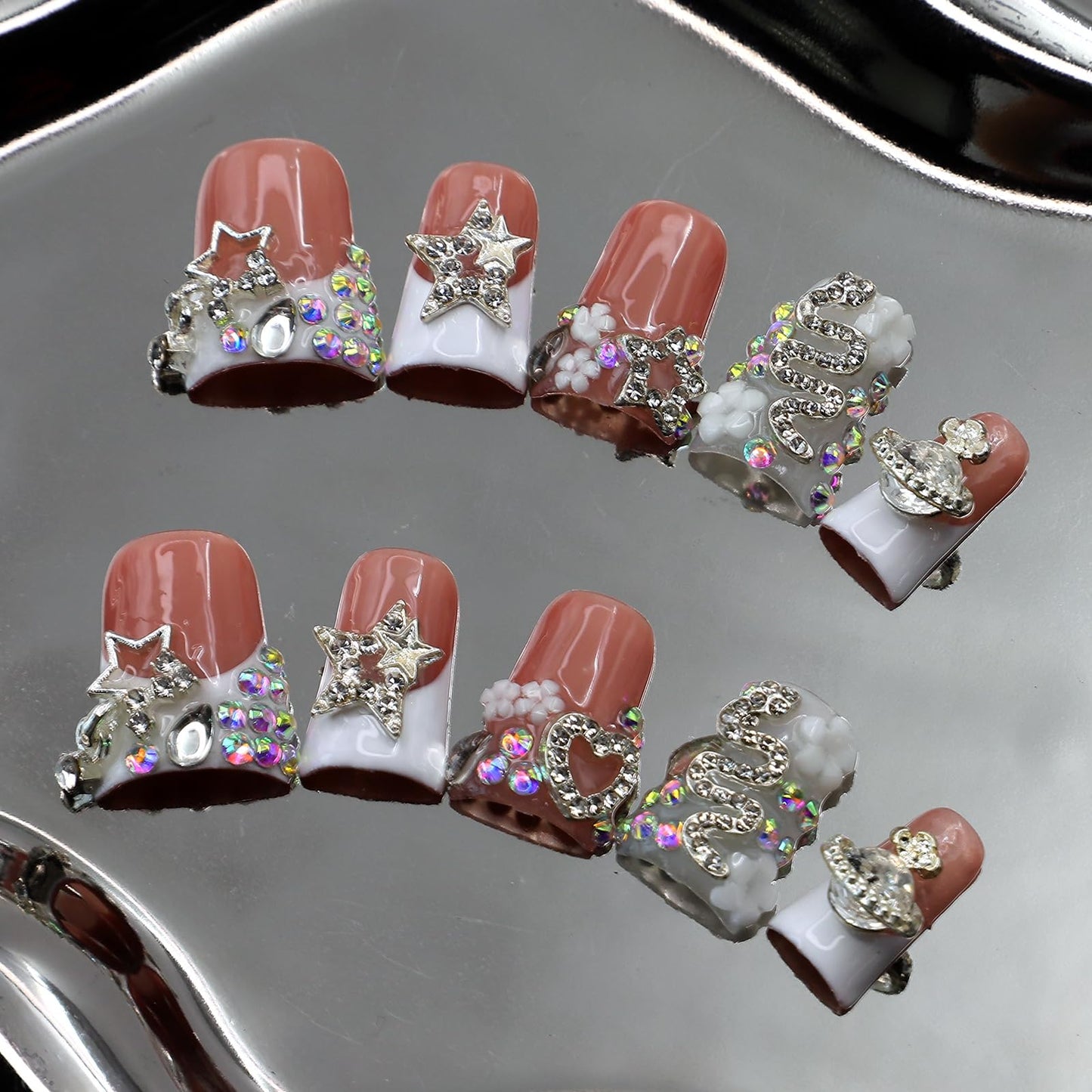 10Pcs Handmade Duck Press on Nails French Tip Fake Nails with 3D Star Rhinestone Design Reusable Acrylic False Nail Handmade Duck Nails Press ons Full Cover Artificial Stick on Nails for Women (S)