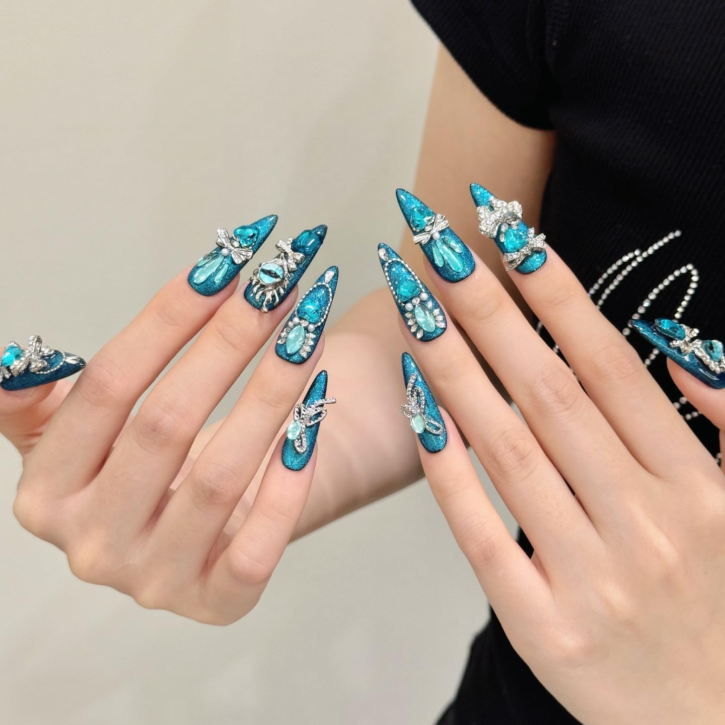 Yacey Luxury Jewel Handmade Press on Nails, Long Stiletto Reusable False Nails Press Ons, Blue Thick Acrylic Fake Nails with Charms, 3D Bling Glue on Nails for Women Girls (10 Pcs, M)