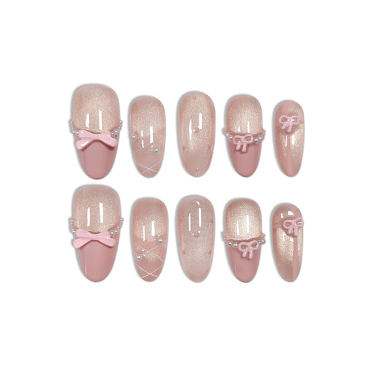 TENPAL Cute Sweet Handmade Press on Nails Almond,Ballet Butterfly Cat Eye Nude Pink Ombre French Tips Fake Nails with Tools, Reusable Spring Polka Dot Bow Pearl False Nails for Women 10pcs(M)