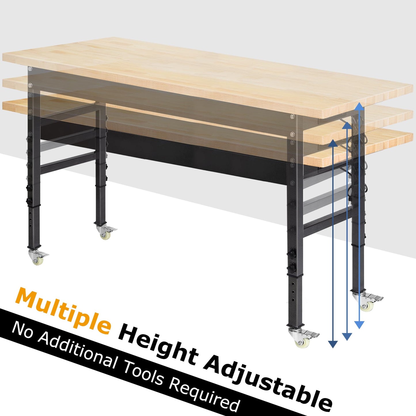 60" Adjustable Work Bench, Rubber Wood Top Workbench Heavy-Duty Work Table with Power Outlet and Wheels, 2000 LBS Load Capacity Hardwood Work Benches for Garage, Workshop, Home, Office, Easy Assembly