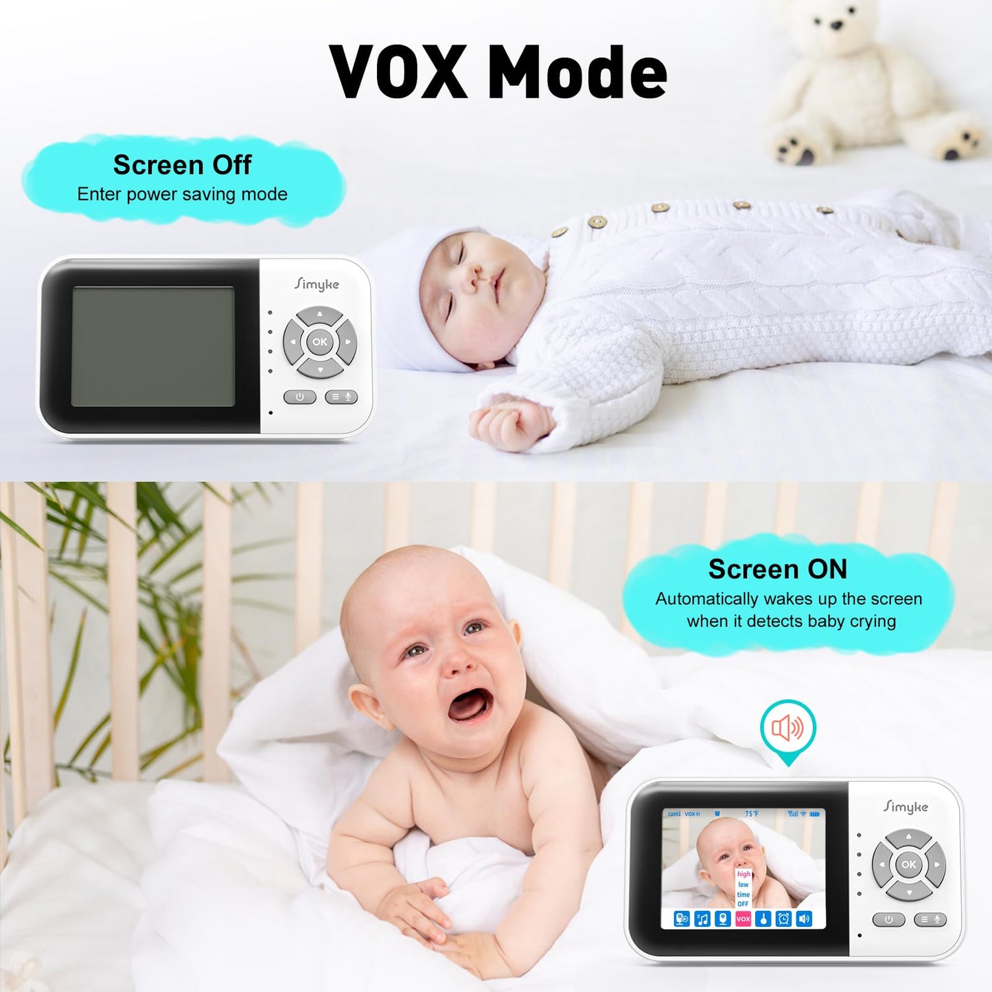 Simyke Upgrade Video Baby Monitor,WiFi Baby Camera,2.8" Display and App Control,1200ft Long Range,2 Way Talk,Auto Night Vision,Sound Alert,VOX,Temperature Sensor 5 Lullabies Feeding Remind,Home Use