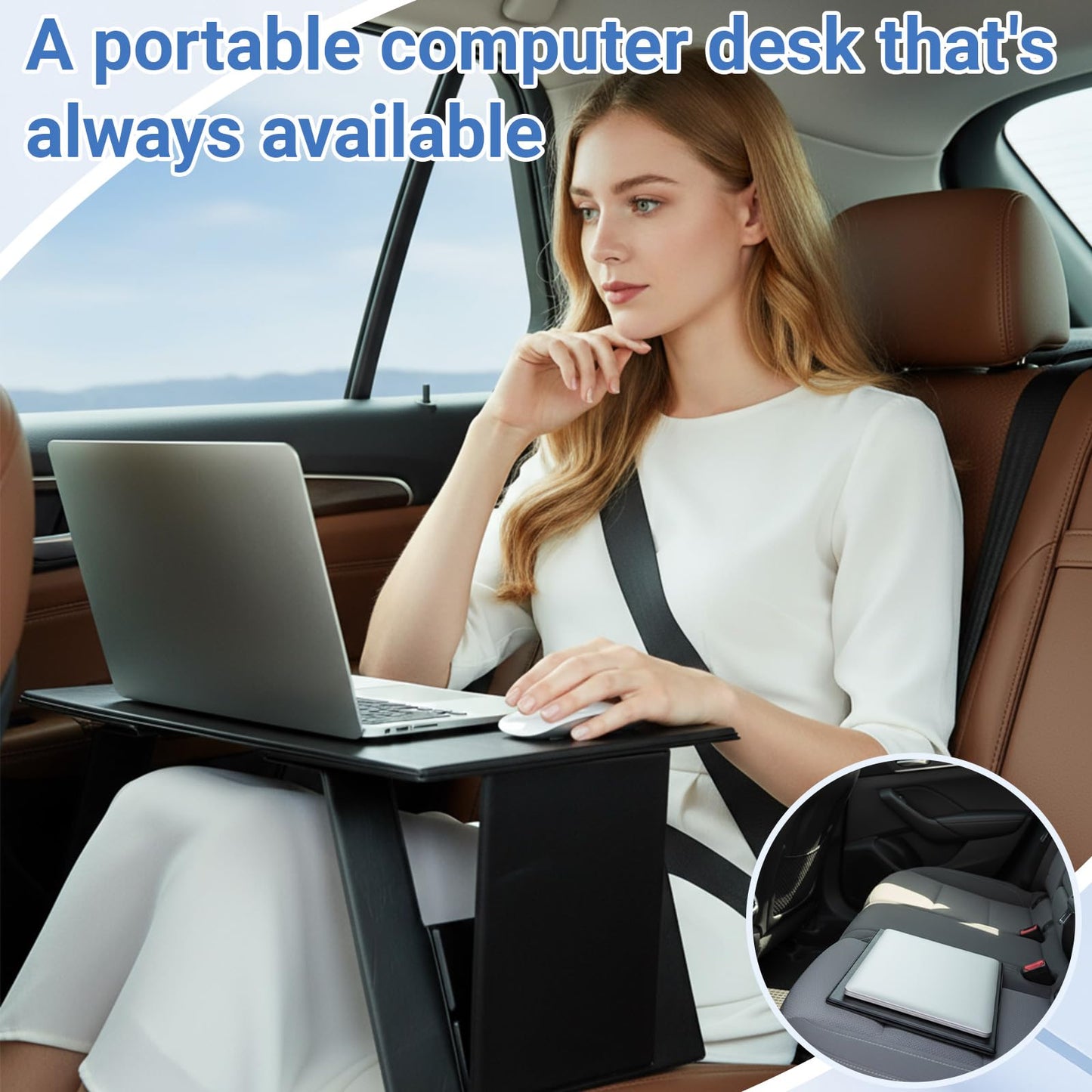 Leinuosen Foldable Laptop Desk Portable Lightweight Travel Laptop Table PU Leather Non-Slip Computer Retractable Desk for Bed, Car Sofa, Travel, Work