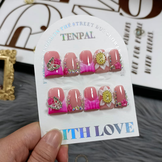 TENPAL Duckbill Press on Nails,Glossy Pink French Tip Fake Nails with 3D Butterfly & Rhinestone Design,10PCS Glitter False Nails for Everyday Wear Party Vacation Work,Duck Shape Glue on Nails(L)