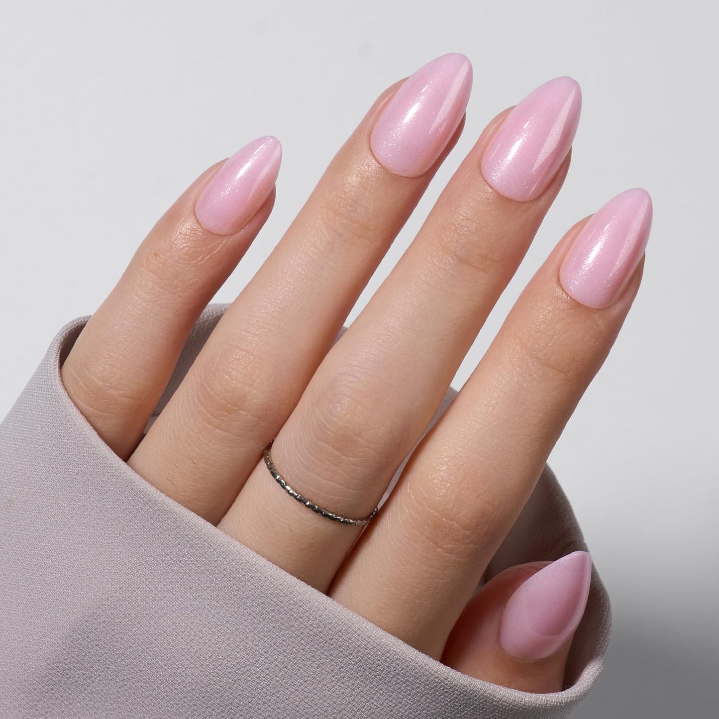 VSALON Press On Nails Short Almond - Pink Shimmer Pearl Fake Nails Kit for Women, Reusable Opaque Spring Summer Glue on Nails with Cuticle Oil - 32 Pcs with 16 Sizes