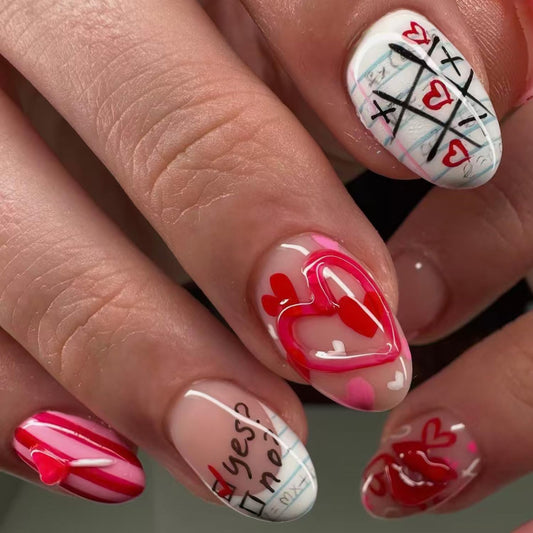 30Pcs Valentine's Press on Nails Red Hearts & Strawberry Love Lip Design Cute False Nails French Nail Tips Handmade Valentine Press on Letter Solid Color Stick on Nails for Women Holiday Manicure
