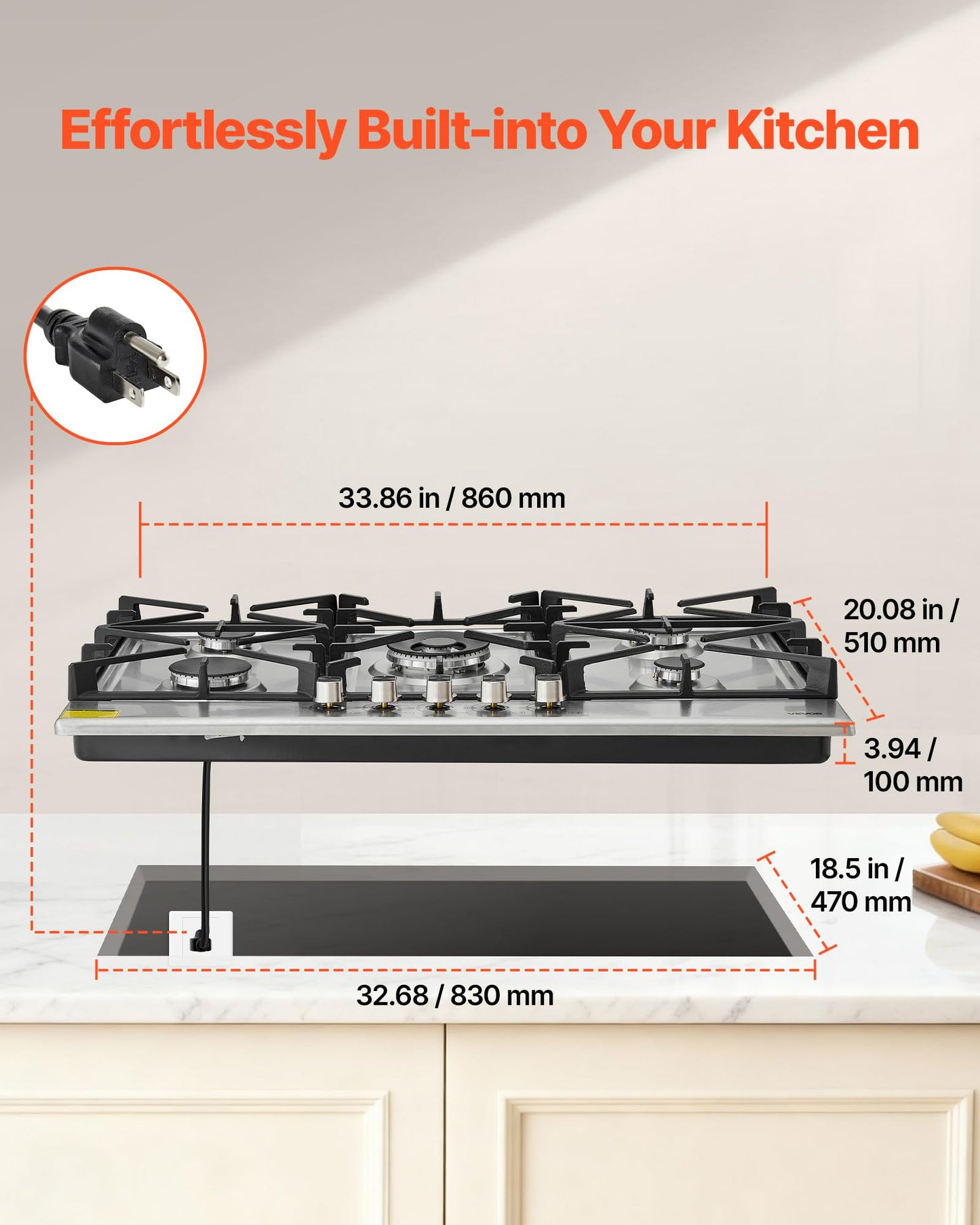 VEVOR 36 inch Gas Cooktop 5 Burners Gas Stove Top, Max 38300BTU Built-in Stainless Steel Stove Top LPG/NG Convertible Dual Fuel Cooktop Stoves with SABAF Dual-Ring Burner for Kitchen Apartment Rvs