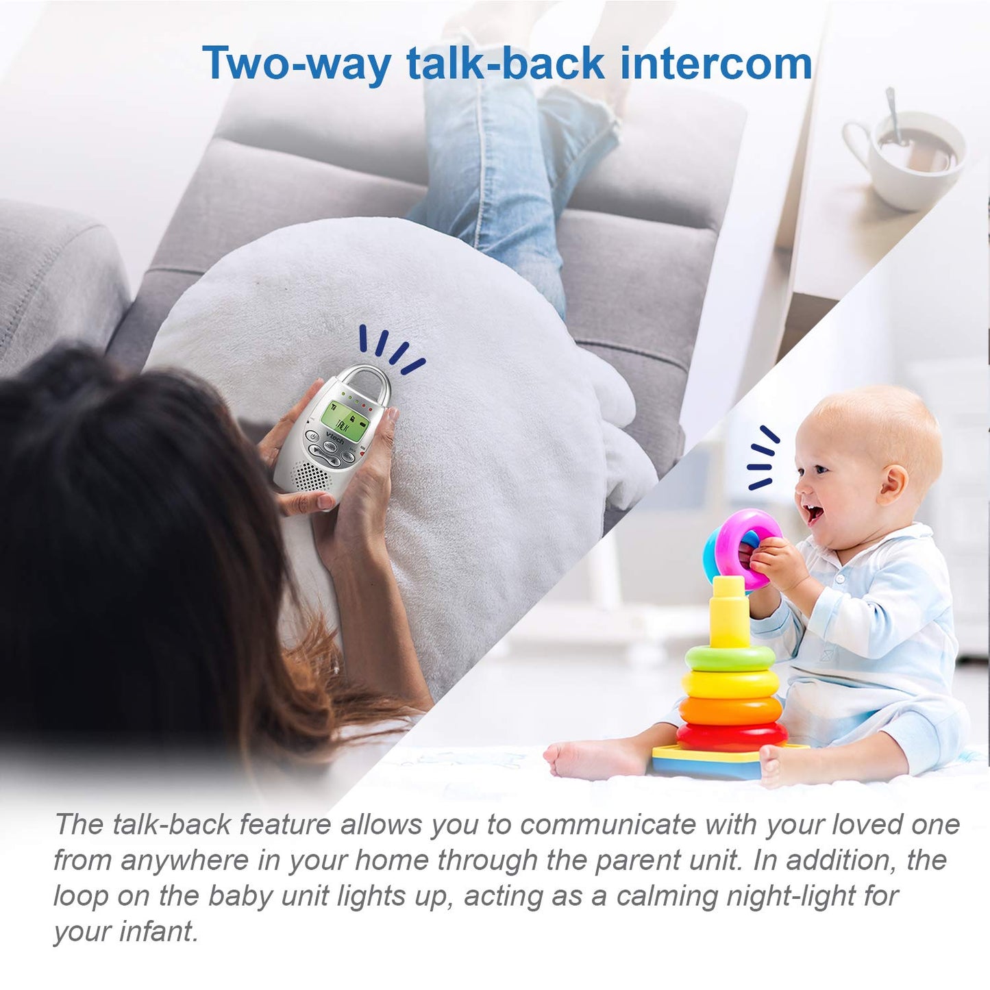 VTech Communications DM221 Audio Baby Monitor with up to 1,000 ft of Range, Vibrating Sound-Alert, Talk Back Intercom & Night Light Loop, White/Silver