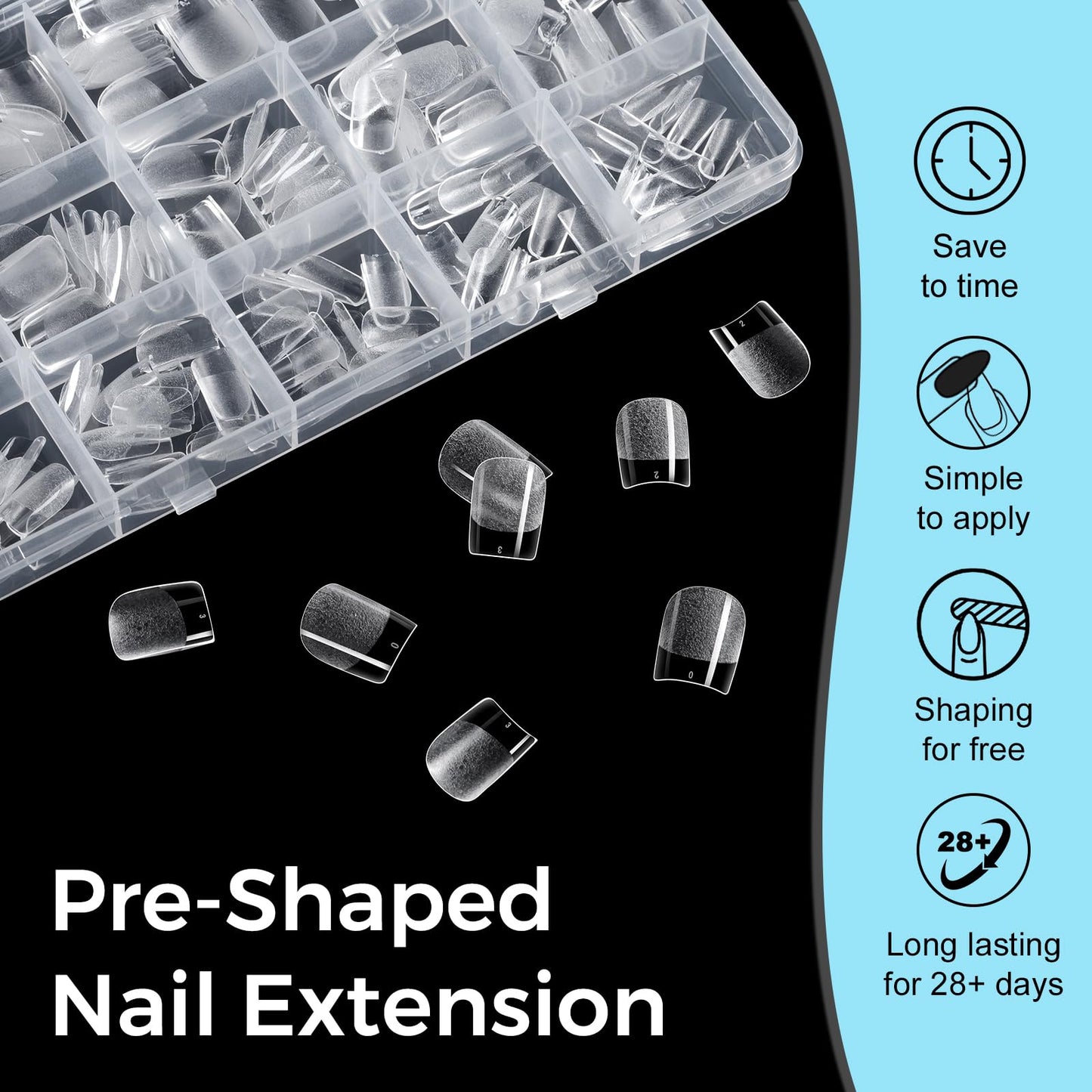 TOMICCA Extra Short Square Nail Tips 240Pcs 15 Sizes Pre-shaped Nail Extension for Gel Tips, Ultra Matte Acrylic Fake Nails for Beginners and Professionals, Home DIY Nail Salon, Wedding