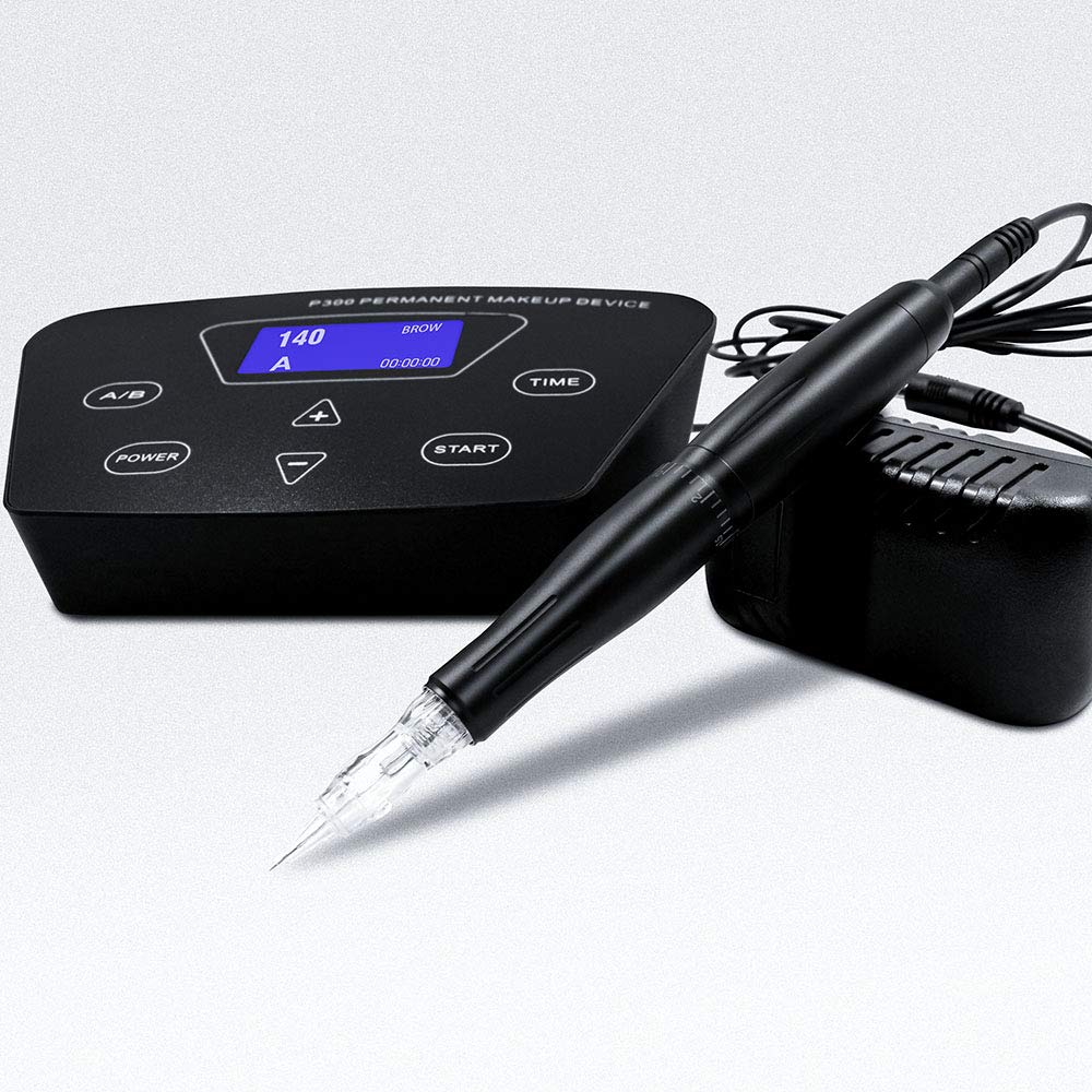 Permanent Makeup Tattoo Machine Kit-BIOAMSER P300 Permanent Makeup Kit with Foot Pedal Touch Control Power Supply Rotary Tattoo Machine Pen Practice Skin 2 Microblading Inks 10pcs Cartridge Needles