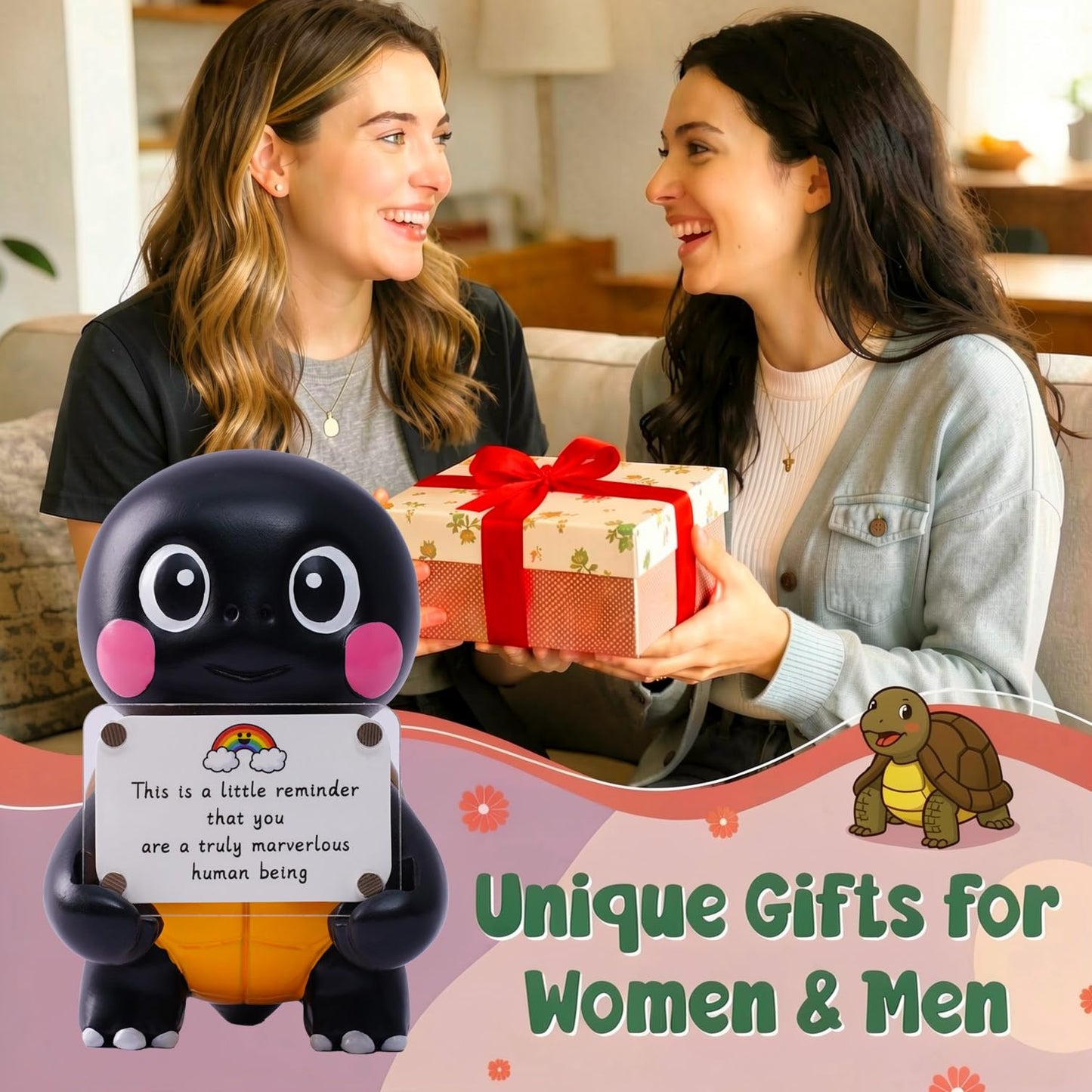 hollishowe Positive Turtle Figurine - 4.3" Tall Hand-Painted Resin Indoor Office Desk Decoration with Cute Motivational Sign, Funny Gift for Women Friends Bestie BFF Bestfriend Coworkers (Black)