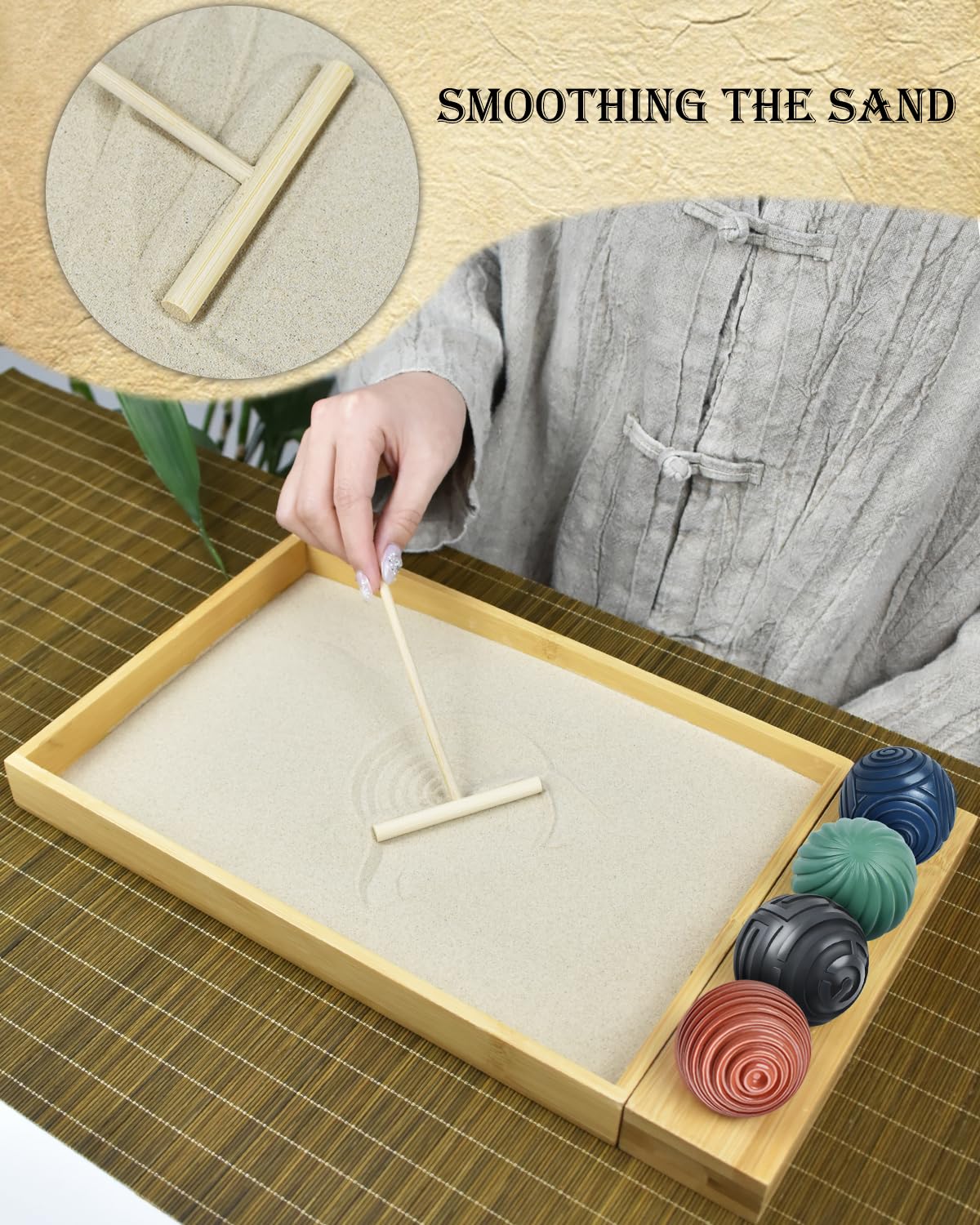 Artcome Jpanese Zen Garden Kit for Desk - Premium Mini Sand Garden with Bamboo Tray - Meditation Sand Tray with 4 Zen Balls and Rake Tools for Relaxation - Mindfulness Therapy Decor - Ideal for Gift