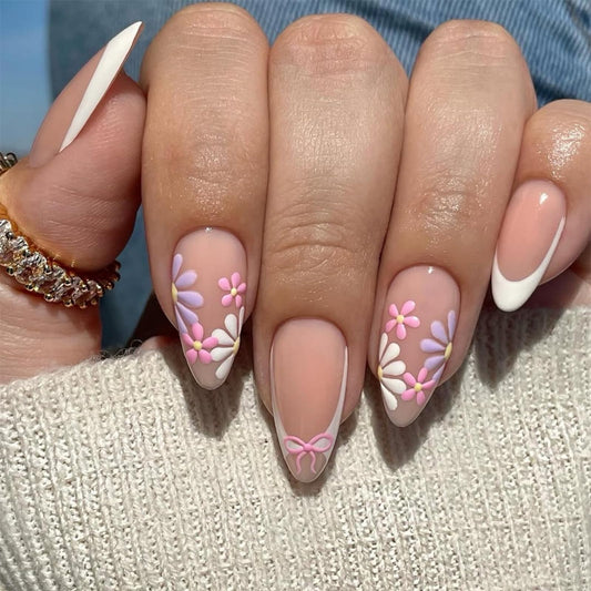 SEENEEY Almond Press On Nails Medium French Tip False Nails White Artificial Nails Floral Stick On Nails 24pcs