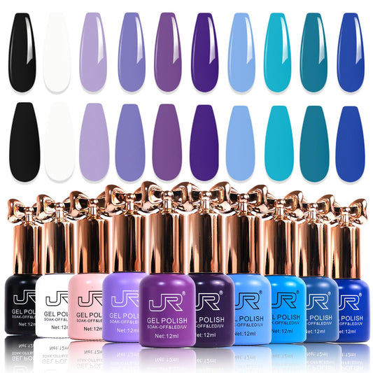 JR 10pcs 12ml Gel Nail Polish Set Blue Purple Gel Polish Set Semi Cured Long Lasting Vegan Chip-Resistant Soak off Nail Polish Gel Purple Gel Polish Gifts for Women F