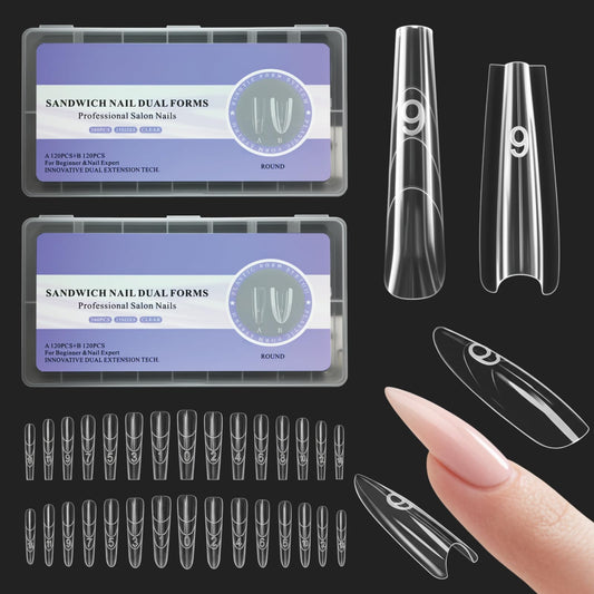480 PCS Sandwich Nails Dual Forms, DIY Quick Extensions - 15 Sizes Clear Plastic Form Kit, Long Rectangular & Long Almond Nail Molds for, Top & Bottom Dual, No Paper Forms Needed, Salon Manicure Art