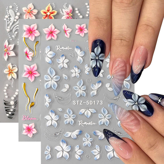 3Sheet 5D Embossed Nail Stickers Spring Nail Art Stickers Decals with Flower Pearl Gold Design Nail Stickers for Nail Art Summer Blue White Pink Flower Self-Adhesive for Women Nail Supplies