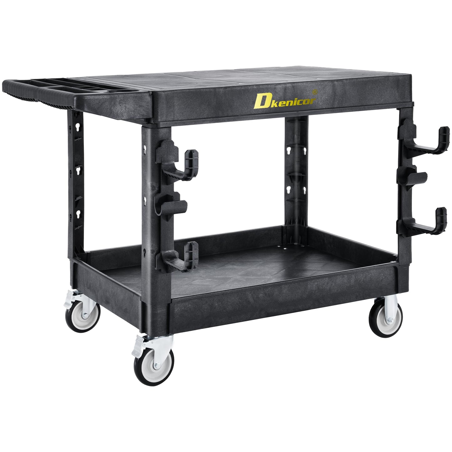 850LBS Large Heavy Duty Plastic Utility Cart, 42.5×25" Flat Top Service Cart With Full Swivel Wheels (2 With Brakes) & 2 Side Tube Holder Hook,2 Tier Work Cart For Office/Garden/Warehouse/Garage Black