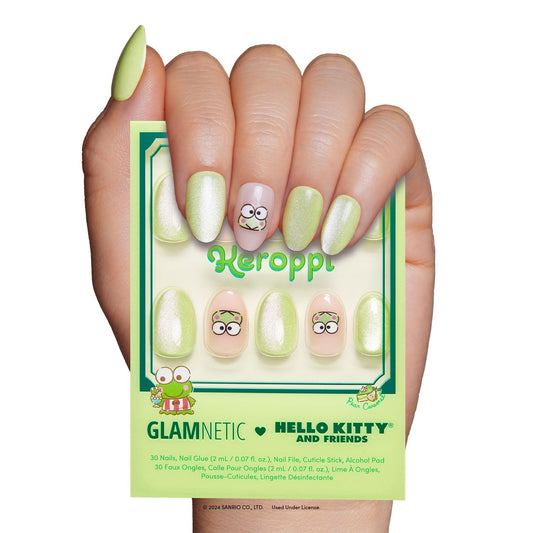 Glamnetic x Hello Kitty® and Friends Press On Nails - Keroppi™ | Short Oval Pastel Green Graphic Fake Nails in a Velvet Finish | 15 Sizes - 30 Nail Kit with Glue