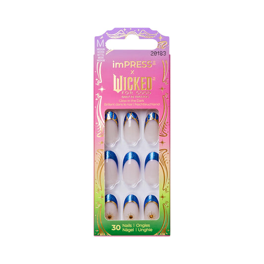 Impress X WICKED: FOR GOOD Press On Nails, ‘Wickedly Brave’, Blue, Medium Oval, New Improved Adhesive, Up To 10 Day Hold, Includes 30 Fake Nails, 1 Prep Pad, 1 Manicure Stick, 1 Mini File