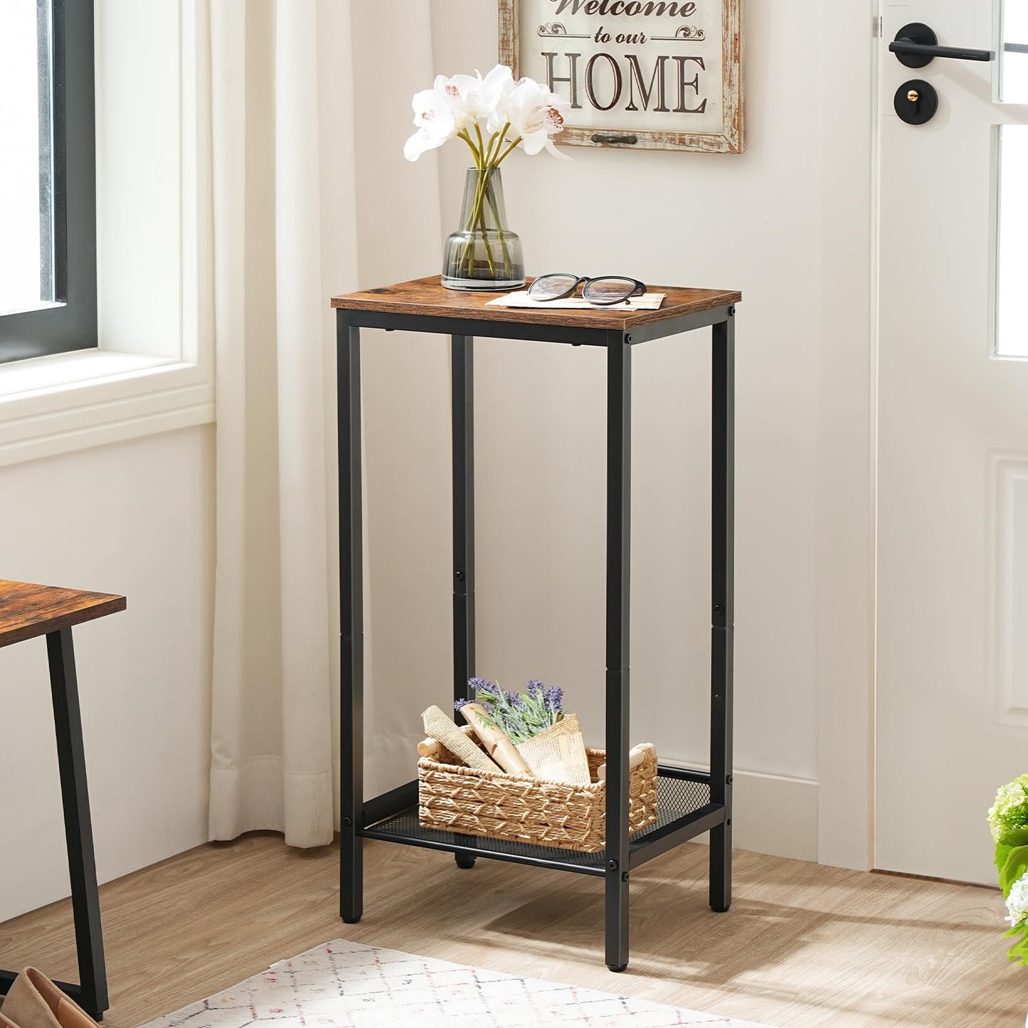 HOOBRO Tall Side Table, Industrial End Telephone Table with Adjustable Mesh Shelves, Small Tall Nightstand for Living Room, Bedroom, Entryway, Office, Rustic Brown and Black BF03DH01