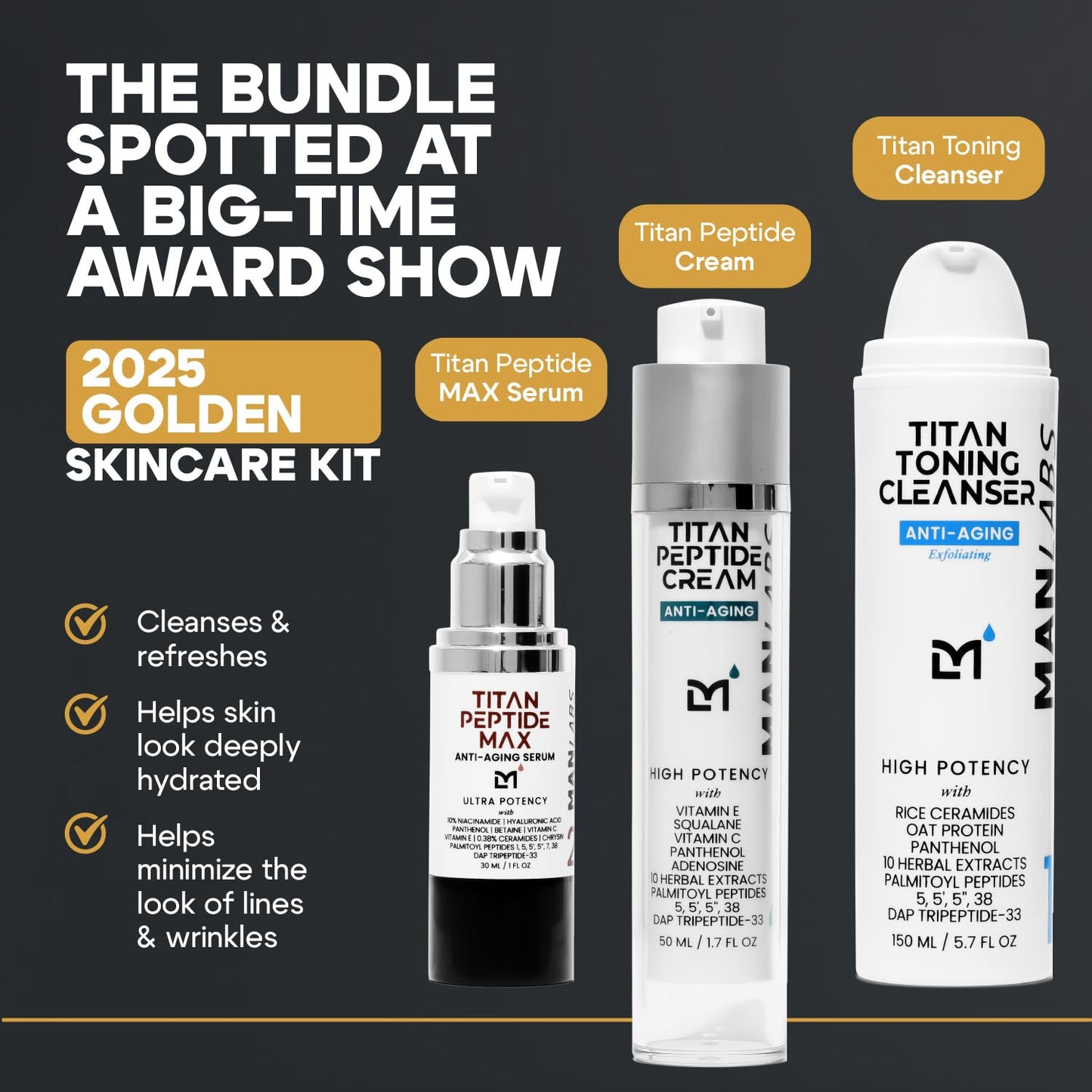 Man Labs Titan Peptide 3-Piece Anti-Aging Mens Skin Care Kit – Mens Face Serum, Men Face Moisturizer, Wash – Men, Skin Care Set –Dark Spots, Wrinkles, Fine Lines –Vitamin C, Niacinamide, HA –Unscented