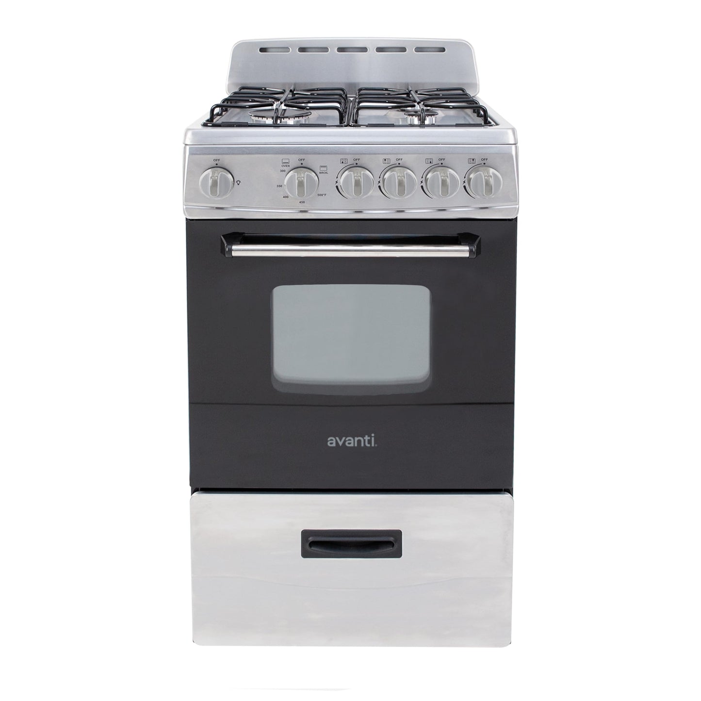 Avanti Gas Range Oven, Compact Freestanding Design, 4 Sealed Burners with Electronic Ignition, 2.1 Cu.Ft. Capacity Features Storage Drawer Broiler and Accessories, 20-Inch, Black