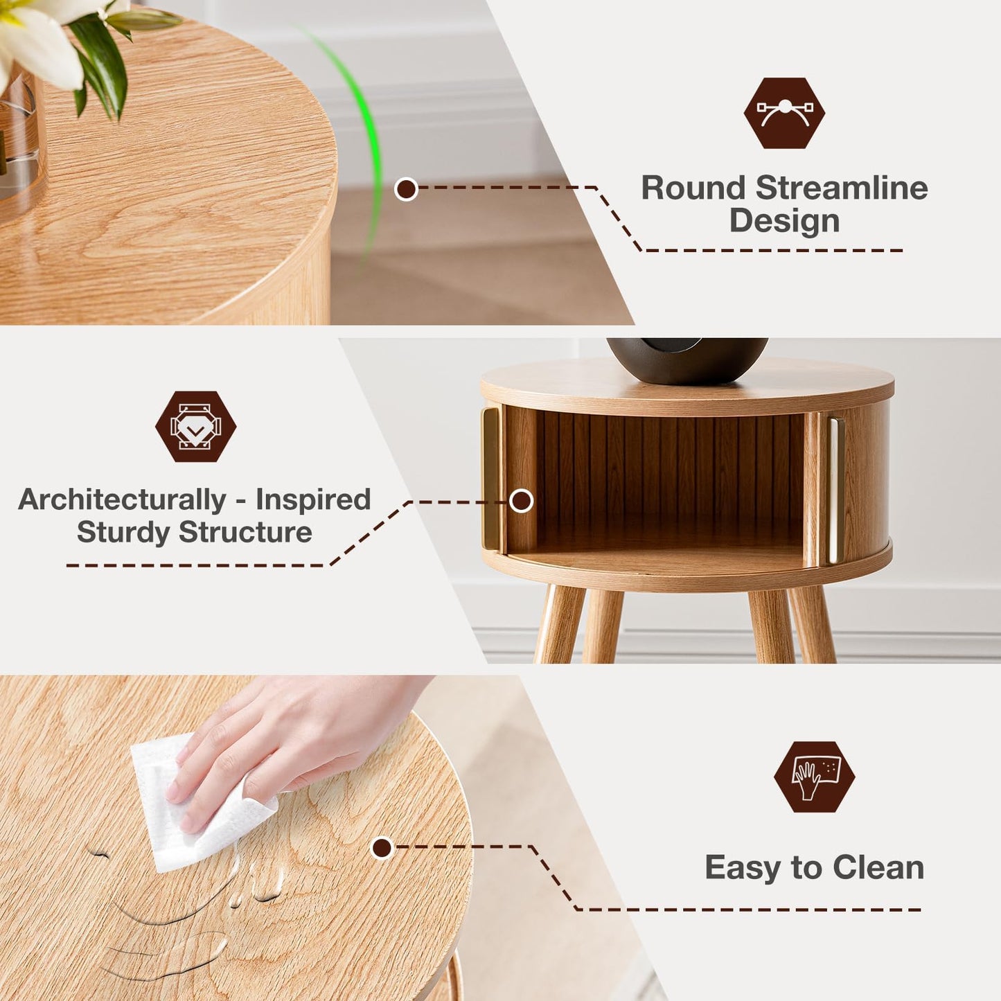 ZttRiee Side Table with Sliding Door & Cabinet, End Table for Living Room, Night Stand for Bedroom, Modern Bedside Table with Solid Wood Legs, Natural