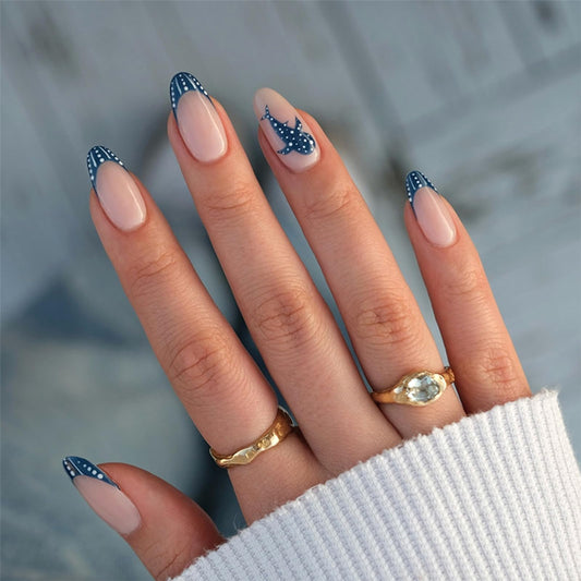 GCSQW Summer Press on Nails Almond, Ocean Whale Shark Fake Nails Polka Dot French Tip Nails Glossy Acrylic Nails Press ons, 30Pcs Reusable Stick on Nails for Women Manicure Vacation Wear