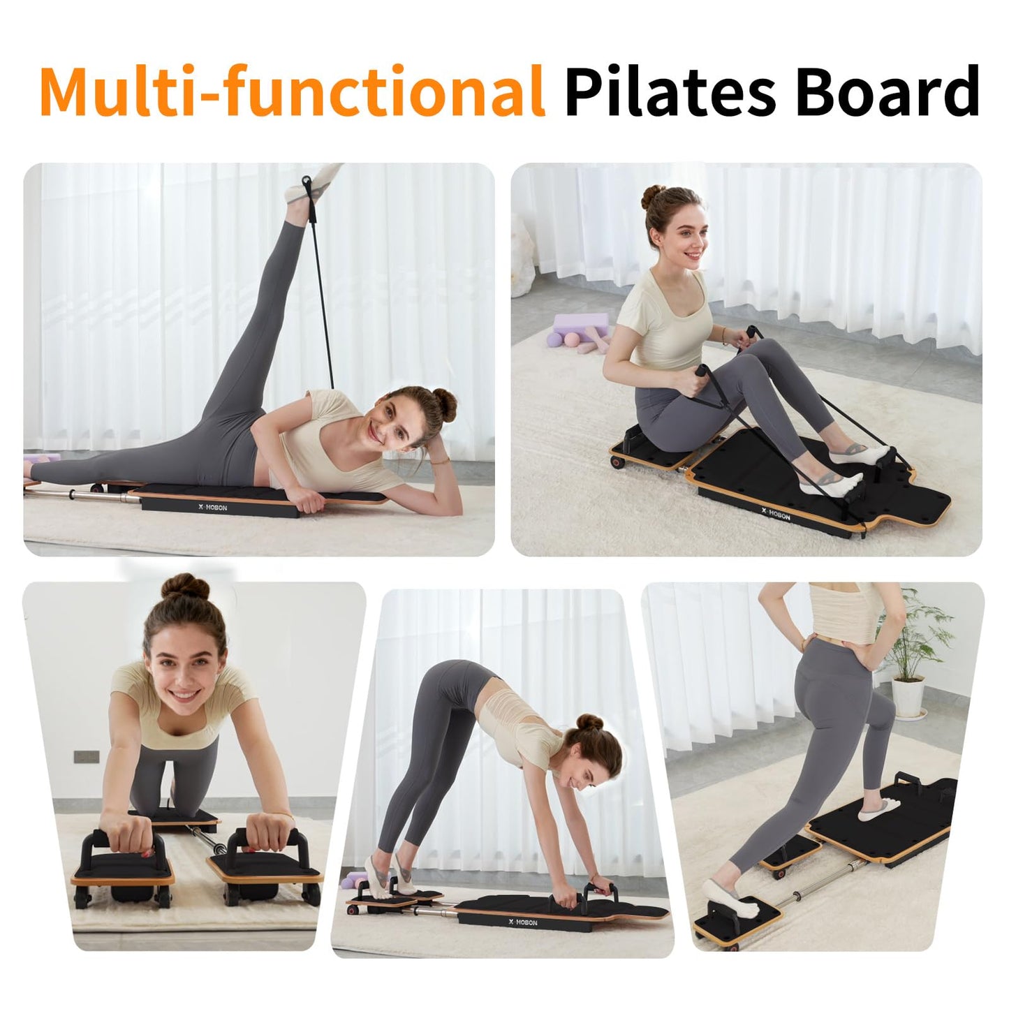 X-HOBON Home Pilates Board Reformer, Pilates Reformer / Gliding Board, Slide Design, Maple & High Strength Steel Rails, Adjustable Resistance Bands, PU Wheels, Quick Assembly (Black)