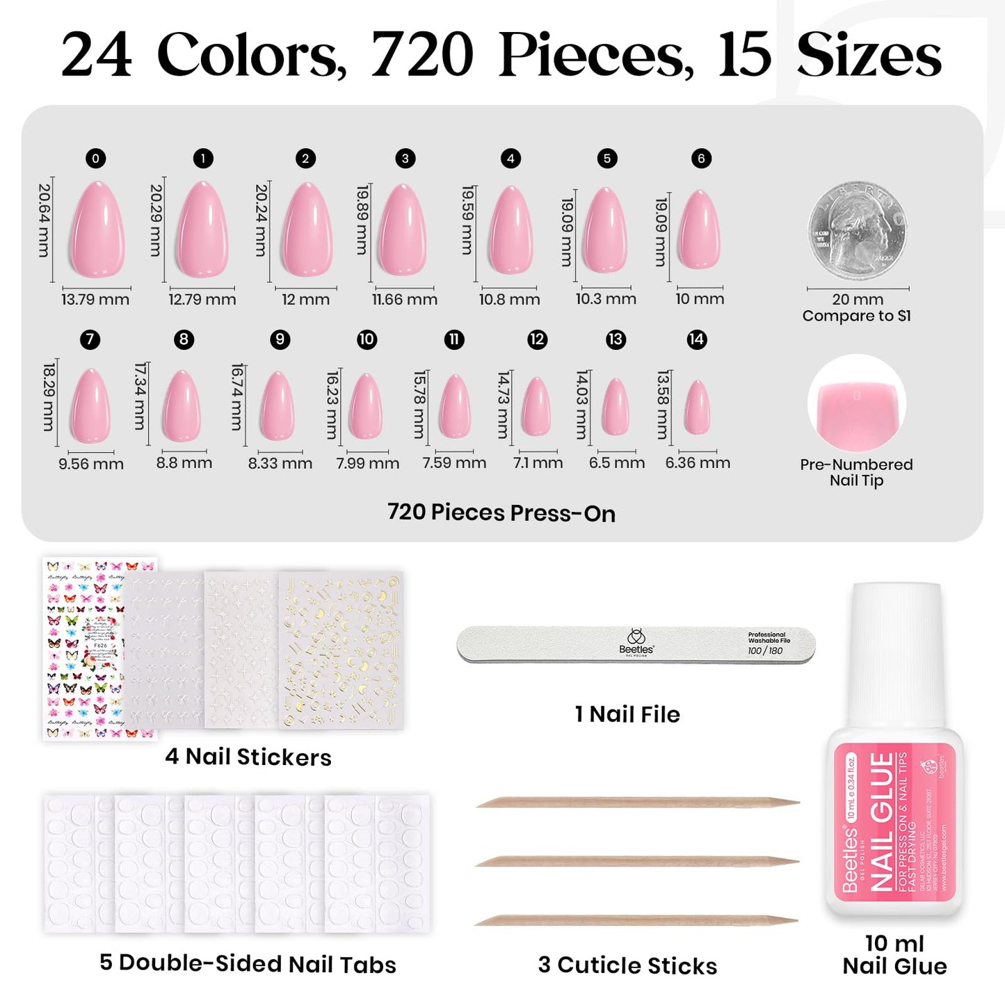 Beetles Press on Nails Kit 720Pcs 24 Colors, Short Almond Press on Nails Glossy Matte Glitter With Nail Glue & Nail Tabs Stickers, Natural Fit Lightweight Fake Nails Kit Art For Women Girls