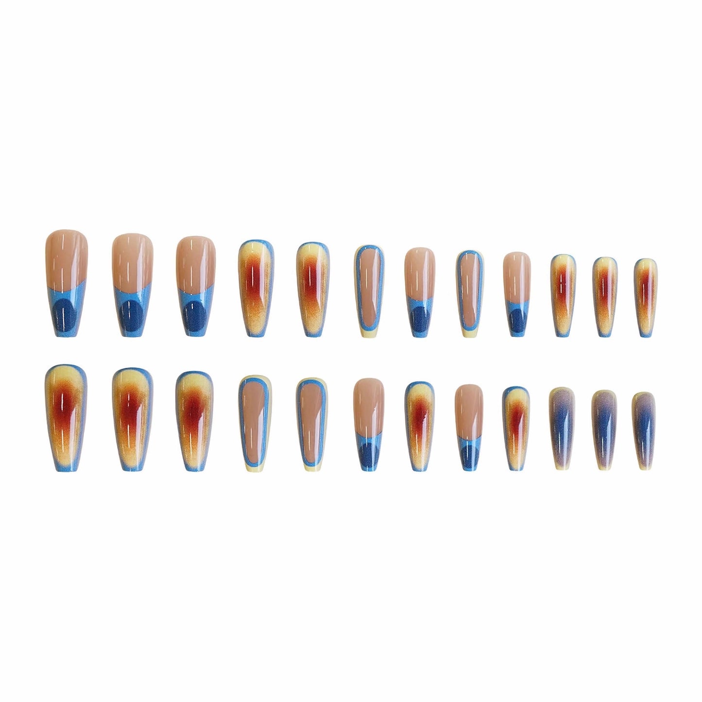 MERVF Coffin Press on Nails Long Fake Nails Blue Gradient French Tip Glue ons Nail Aura Acrylic Ballerina Summer Sunsest Design Manicure Glossy 24pcs
