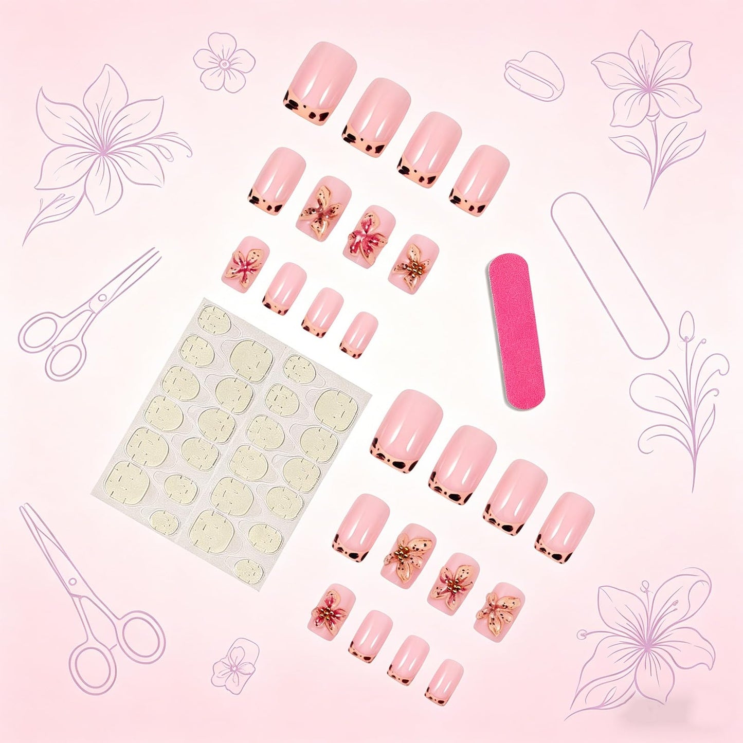 Cheetah Press on Nails with 3D Flower and Leopard Print, Medium Square Fake Nails, Reusable Glossy Brown Leopard False Nail Floral Stick on Artificial Fingernails for Women Daily Wear