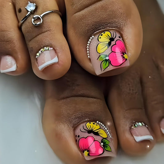 Flower Press on Toenails Short Square Fake Toenails White French False Toe Nail Full Cover Acrylic Glue on Toenails Rhinestones Butterfly Stick on Toe Nails for Women Manicure 24 Pcs