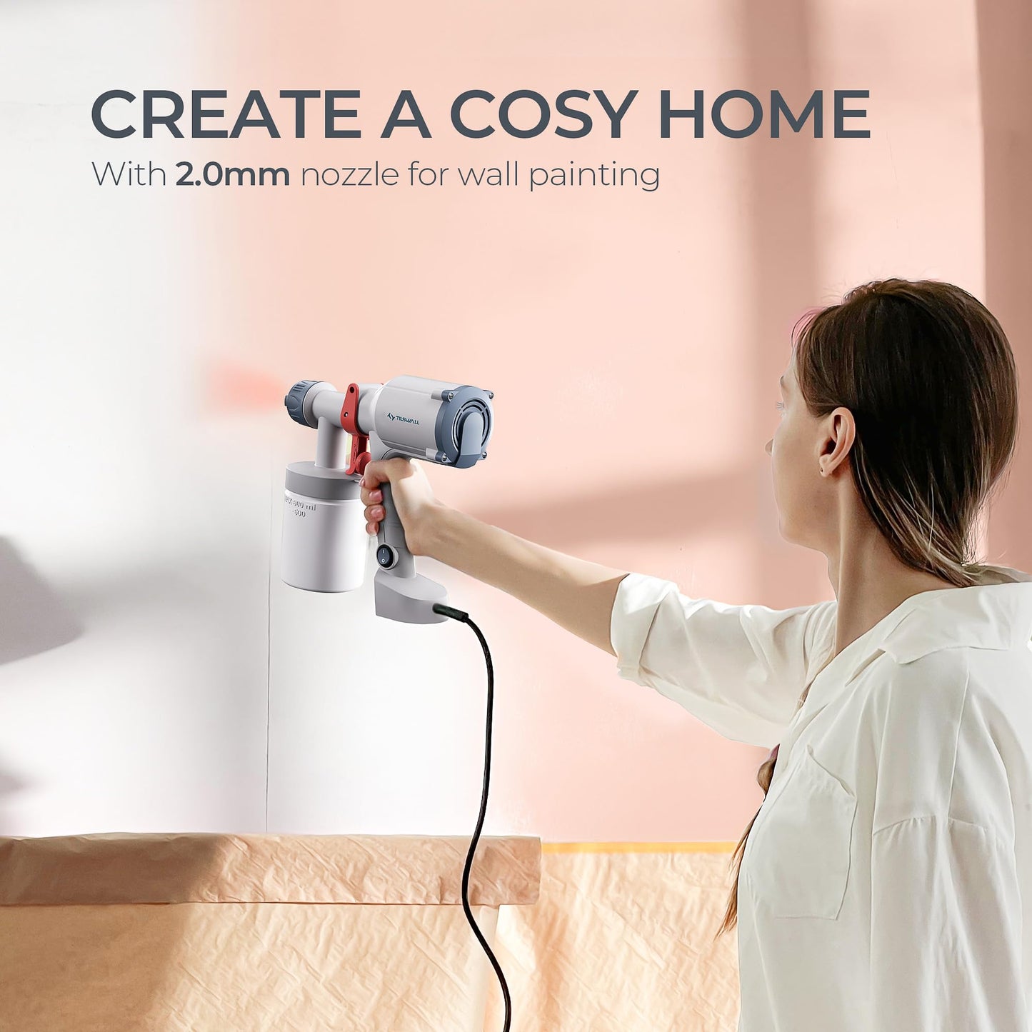 Tilswall Paint Sprayer,Upgraded Ultra-Light Electric Paint Spray Gun with 2 Nozzles & 3 Patterns Easy to Clean for Fences, Sheds, Walls, Ceilings, Furniture, Cabinets, Garden & DIY, White