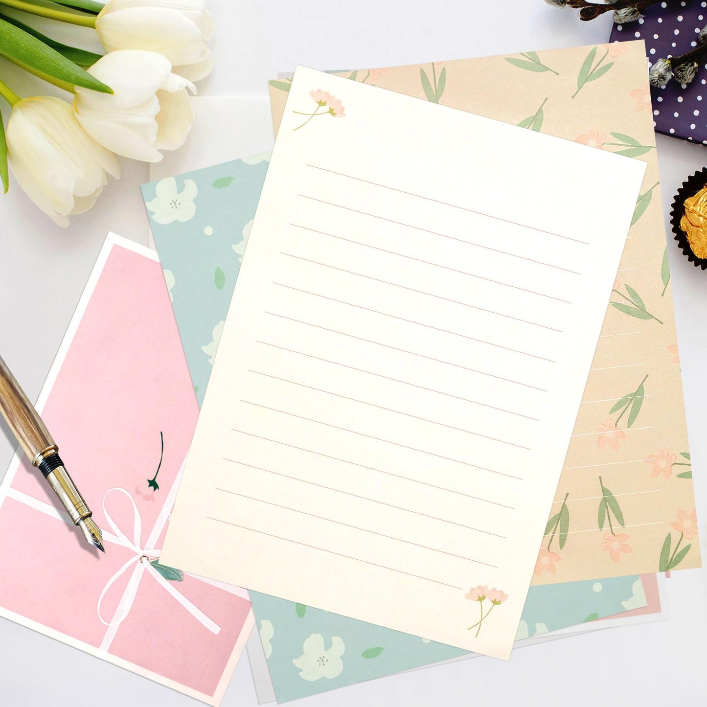 KSIWRE 48 PCS Stationery Paper and Envelopes Set,Cute Floral Stationary Set for Writing Letters,Double Sided Printing,Letter Writing Kit