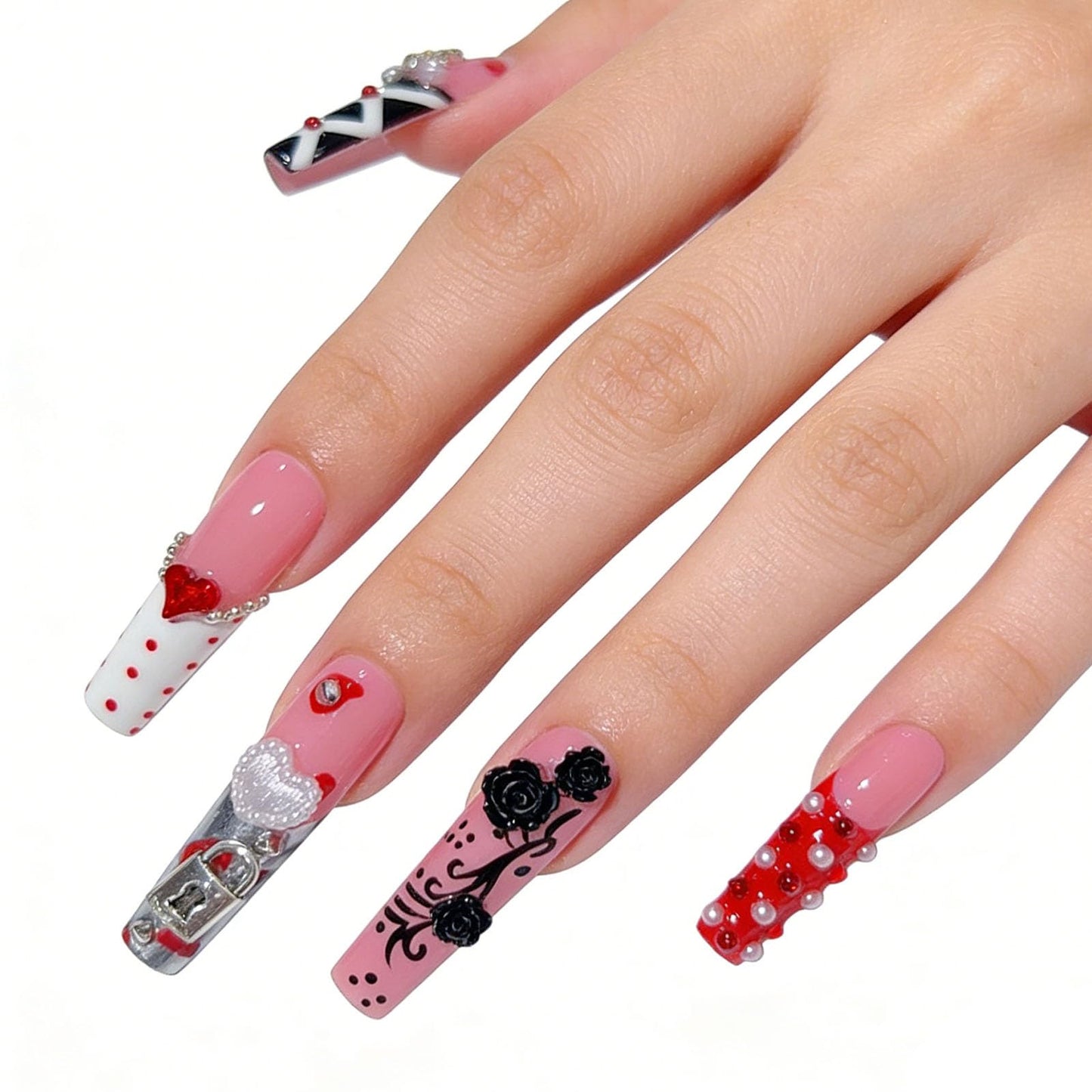 10 Pcs Extra Long Handmade Press on Nails Square Fake Nails with 3D Flowers Lock Love Charms Design Pink Acrylic False Nails White French Tip Press Ons Nails Long for Women Wedding Party - M Size