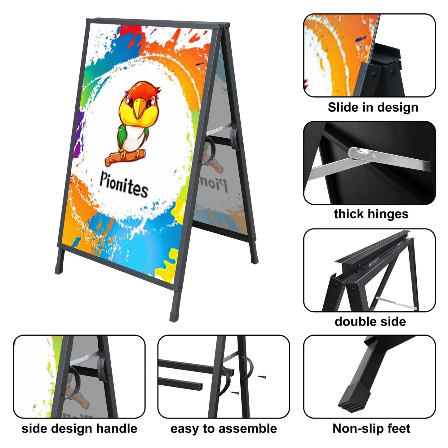 Pionites Heavy Duty Slide-in Folding A Frame Sign Sidewalk Sign 24x 36 Inch Steel Metal Double-Side Pavement sign Corrugated Plastic Poster (1, Black, 24''X36''(Frame Only))