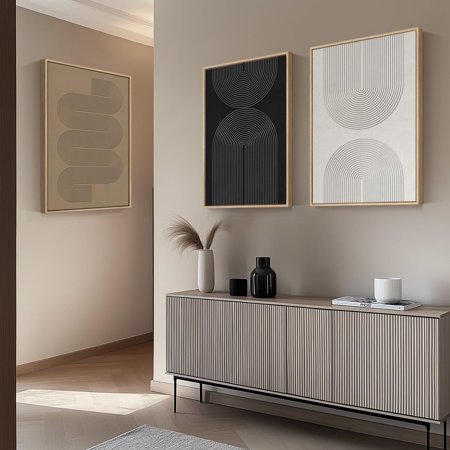 Large Framed Black and White Neutral Abstract Wall Art, 3 Piece Minimalist Canvas Prints Paintings Artwork for Walls, Boho Geometric Pictures for Living Room Hallway Office Wall Decor Total 30x60 In