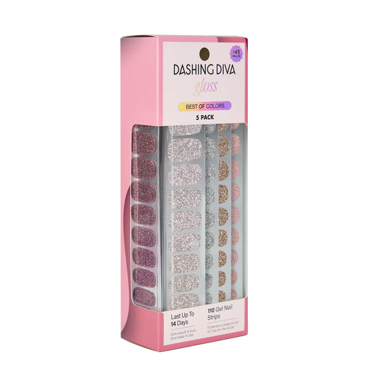 Dashing Diva Gloss Nail Strips 5-in-1 Kit - Best of Sparkles - UV Free, Chip Resistant, Long Lasting Gel Nail Stickers - Contains 110 Wraps, 5 prep Pads, 2 Files
