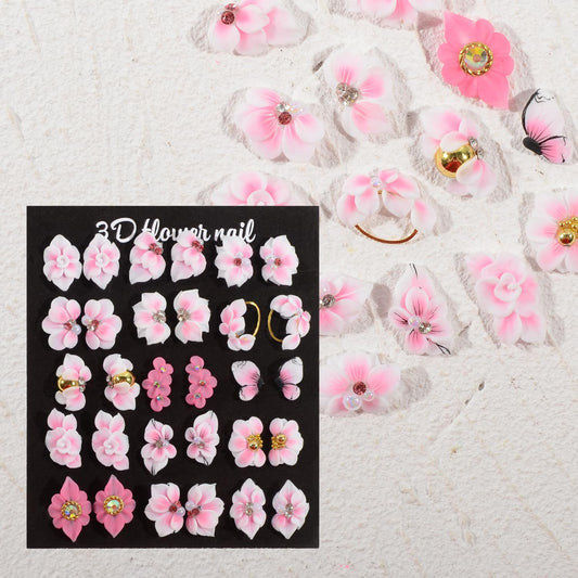 30PCS 3D Handmade Flower Nail Art Charms Advanced Handcrafted Cherry Blossom Flower Colorful Sculpted Floral Nails with Rhinestone Caviar Beads Design for Women Profession Nail Art Craft Jewelry
