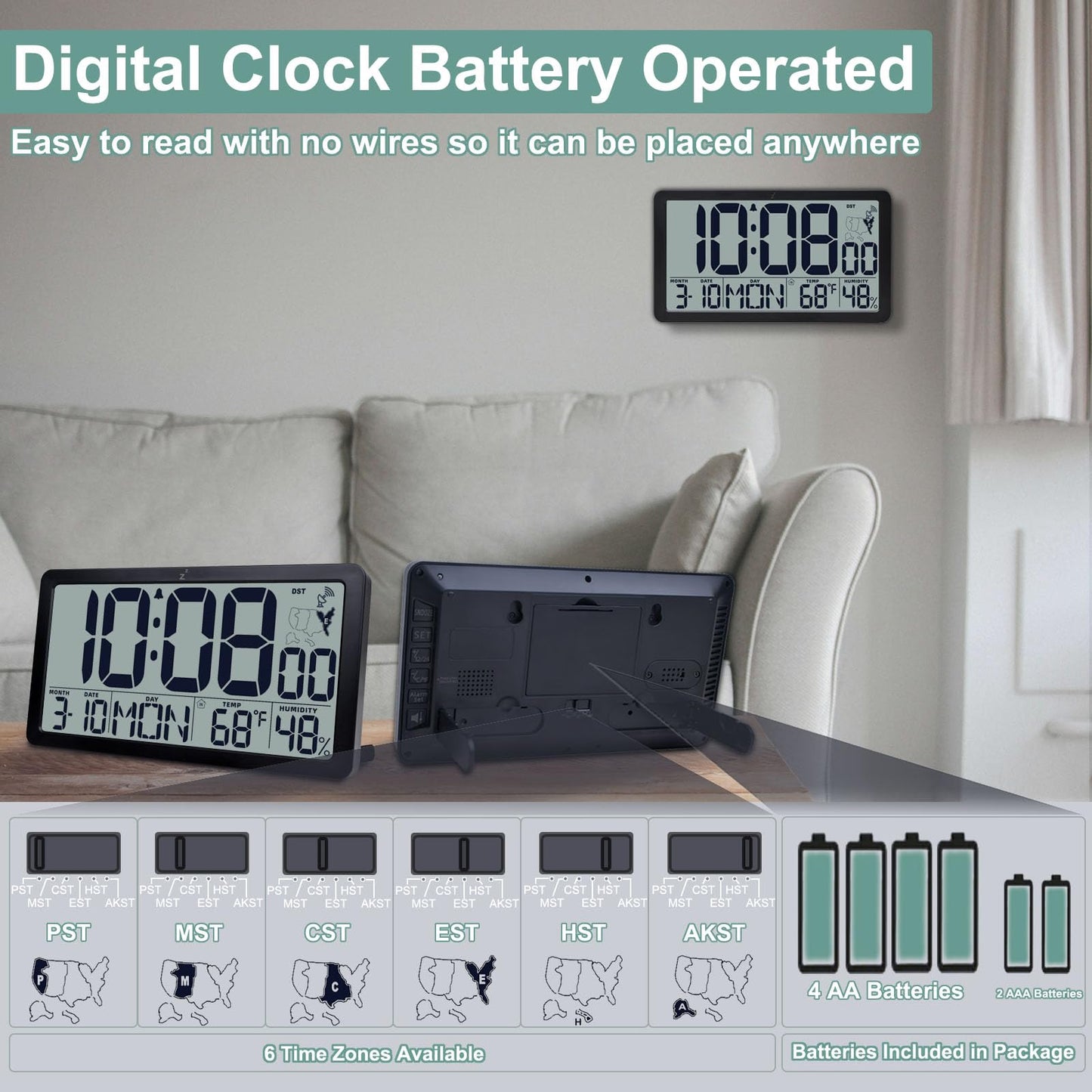 Atomic Wall Clock Battery Operated,10.5 inch Digtial Desk Clock with Temperature and Humidity,Self-Setting Alarm Clocks with 57 Ringtones,Auto DST, Large LCD Display for Seniors Batteries Included
