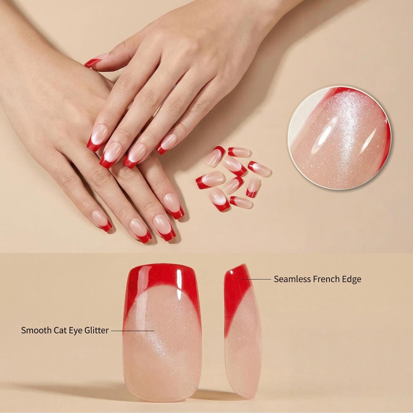Taoyisent Red French Tip Cat Eye Press on Nails 24PCS Nude Pink Soft Gel Nails Short Square Glossy Magnetic Effect Fake Nails Reusable Full Cover Stick on Nails