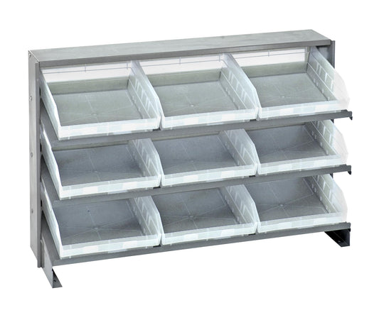 Quantum QPRHA-109CL Sloped Quickpick Cart | Bench Style Mobile Storage Rack for Industrial Display | (9) QSB109 Clear Bins; (3) Shelves | 250 lbs Capacity, 12.5"L x 36"W x 23"H, Gray, Carbon Steel
