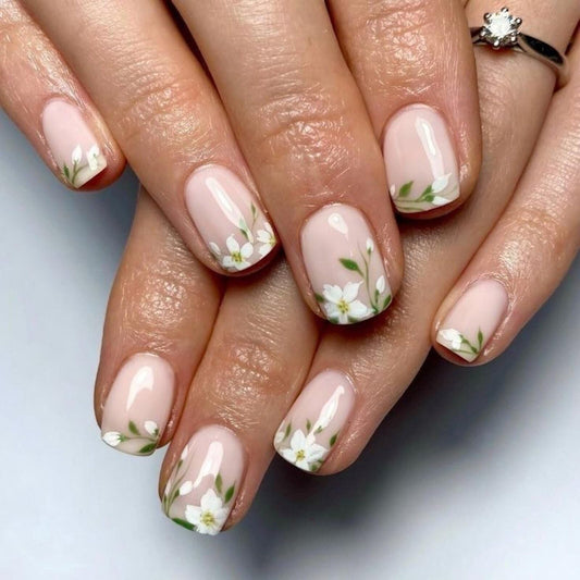 Short Square Press on Nails Nude Pink Base White Floral Green Leaf Patterns Shiny High Gloss Surface Gentle Manicure Artificial Nails Suitable for Elegant Unique Stick on Nails Stylish Charming 24 Pcs