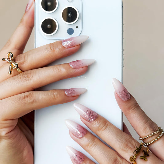 Rosé Sparkle Nude Glitter Press On Nails, 10pcs Elegant Pink Nude Gradient Almond Fake Nails, Soft Glam UV Gel/Acrylic Wearable Nails for Women - 25mm (Multicolor, S)