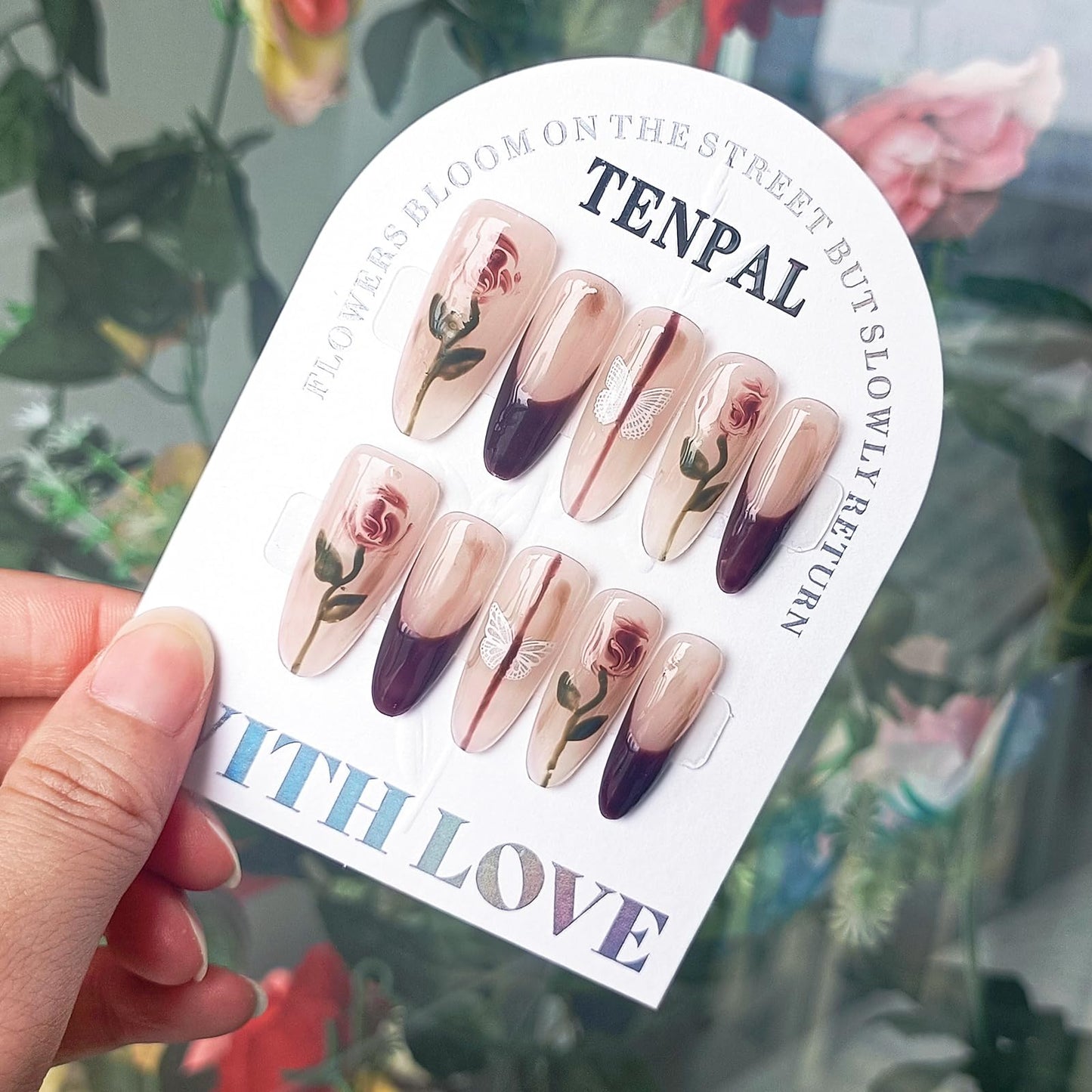 TENPAL French Tip Press on Nails Almond Black Nails Press ons Long Almond Fake Nails With Hand Painted Rose Butterfly Designs 10pcs/Box Sweet Cool Y2k Sexy French Handmade Nail Tips For Women Girls(S)