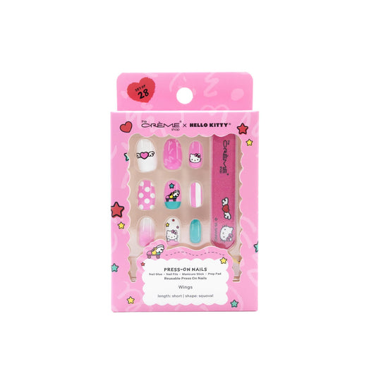 The Crème Shop x Hello Kitty Wings Collection Press On Nails, Short Squoval Shape, 28 Nails Kit with Glue and Tools (Wings Pink)