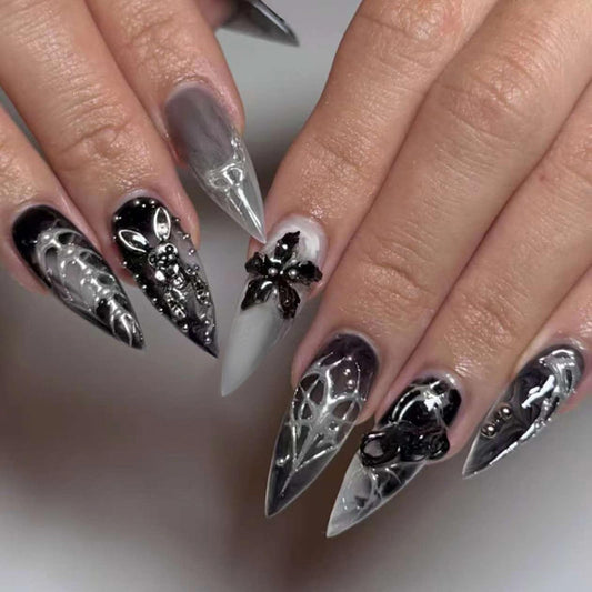 MERVF 24Pcs Long Stiletto Press on Black French Tip Goth Fake Nails with 3D Rabbit, Flower Design, Fire Glue ons Acrylic Glossy Finish, Easter