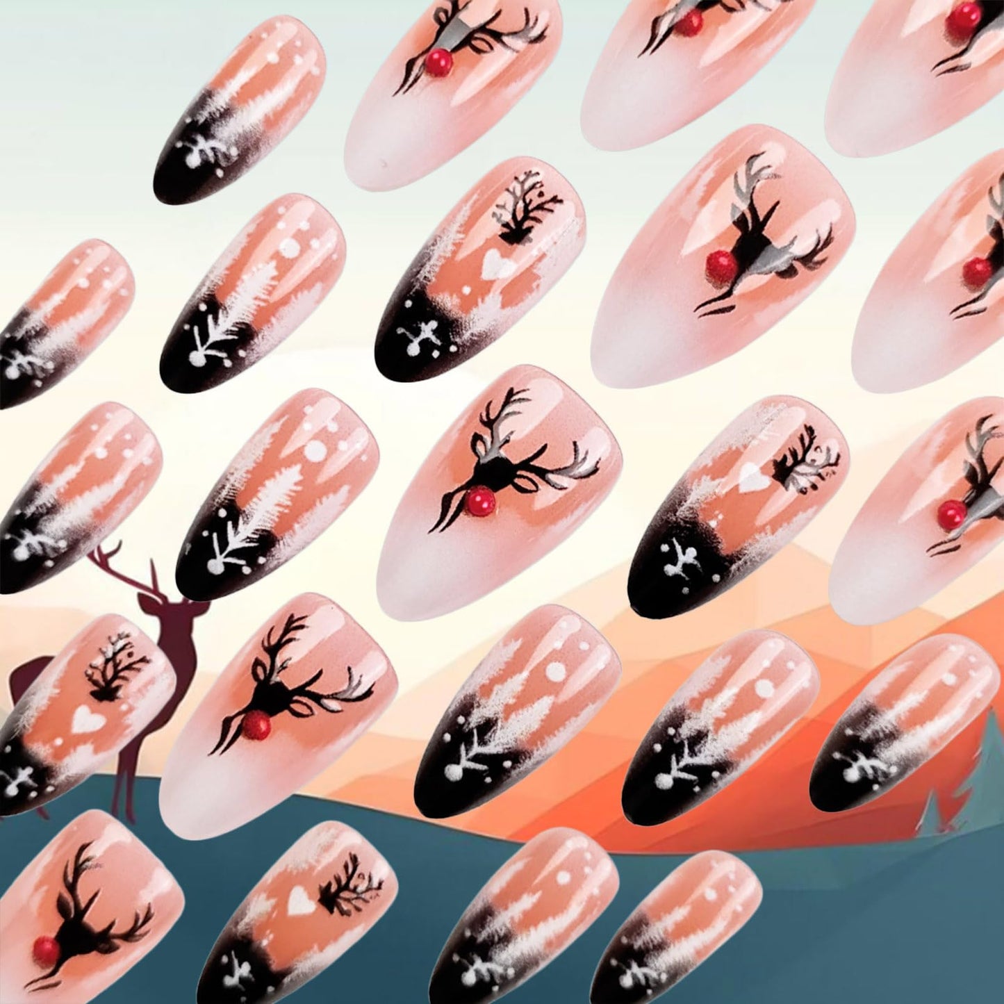 Christmas Press on Nails Cute Reindeer Medium Almond False Nails Xmas Tree Stick on Fingernails Glossy Black French Tips Acrylic Fake Nail 24Pcs Snow Gel Glue on Nail for Women Xmas Gift