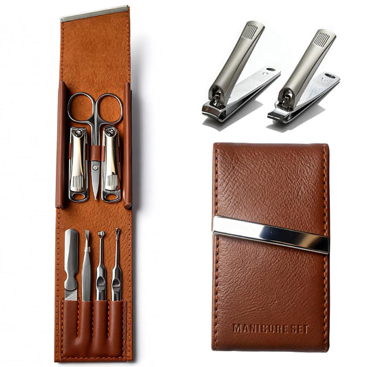 Nail Clippers Set 7 Pcs, Stainless Steel Toenail & Fingernail Clipper Set, Portable Travel Mens Nail Cutter, Manicure Grooming Kit for Men, Women, Gift Ideas (Brown)