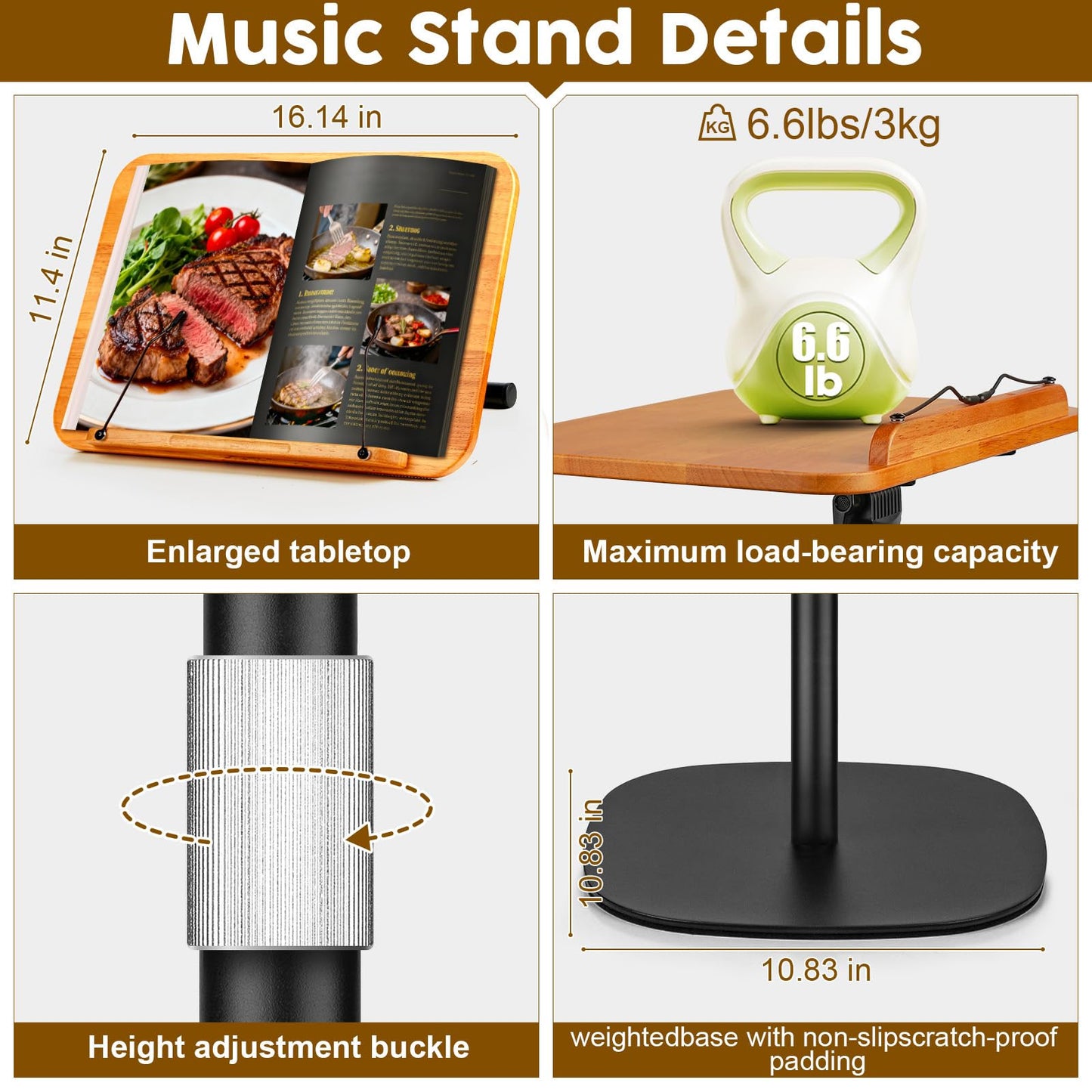 2 in 1 Dual-use Music Stand & Desktop Book Stand, Adjustable Height 16.5"-51", 100% Solid Wood Laptop Floor Stand Book Holder with Page Clips for Cookbooks, Sheet Music (Brown)